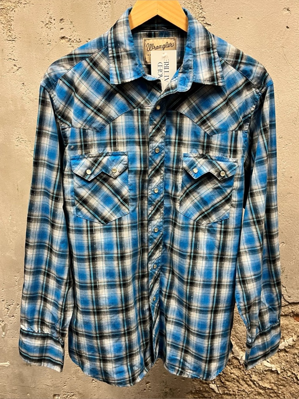 Wrangler Western Fashion Pearl Snap Button Down Shirt Blue Plaid Metallic Rodeo